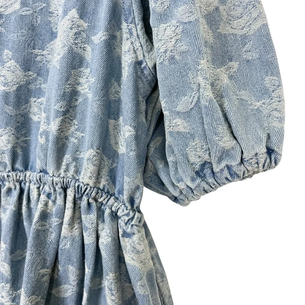 Miou Muse Denim + Roses Bow Front A-Line Mini Dress Puff Sleeves Blue Size S - Picture 11 of 13